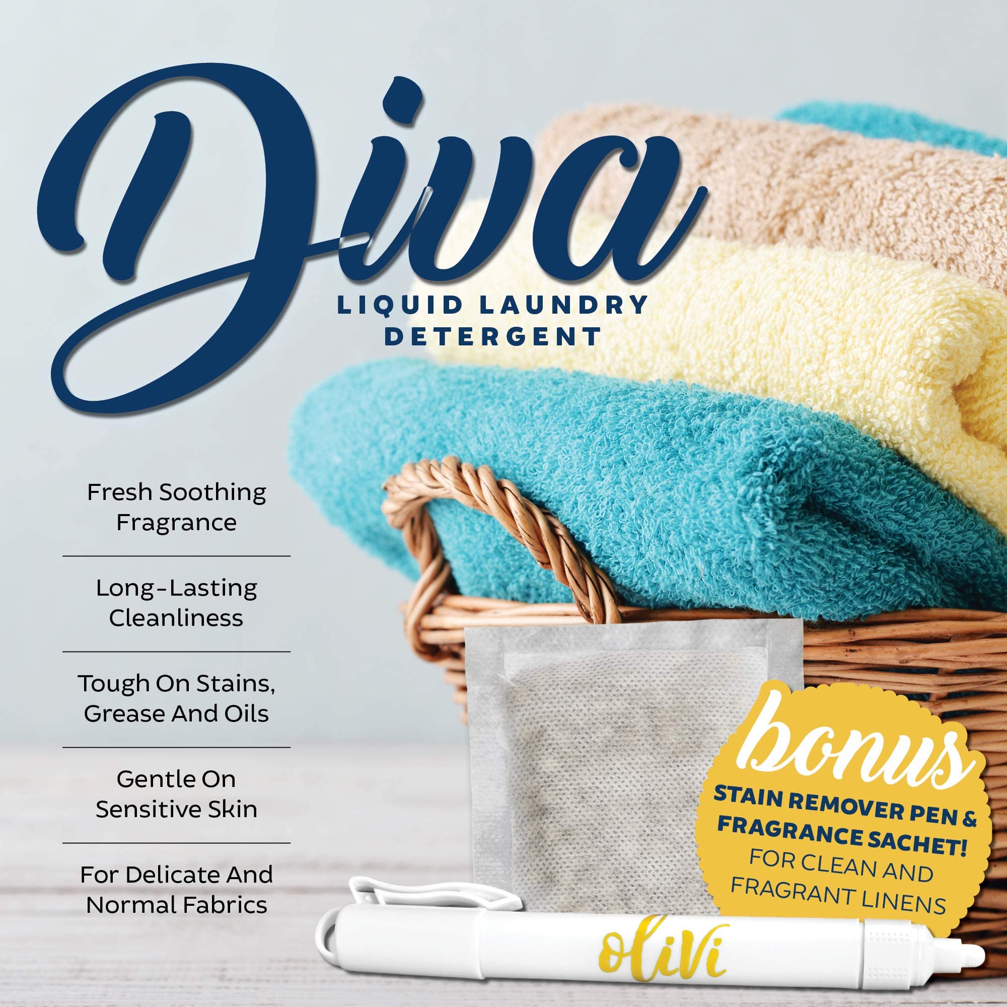 Tyler DIVA Glamorous Wash Laundry Detergent - 1 Gallon - With Olivi Stain Remover Pen - Fresh Scented Sachet - Laundry Detergent For Washing