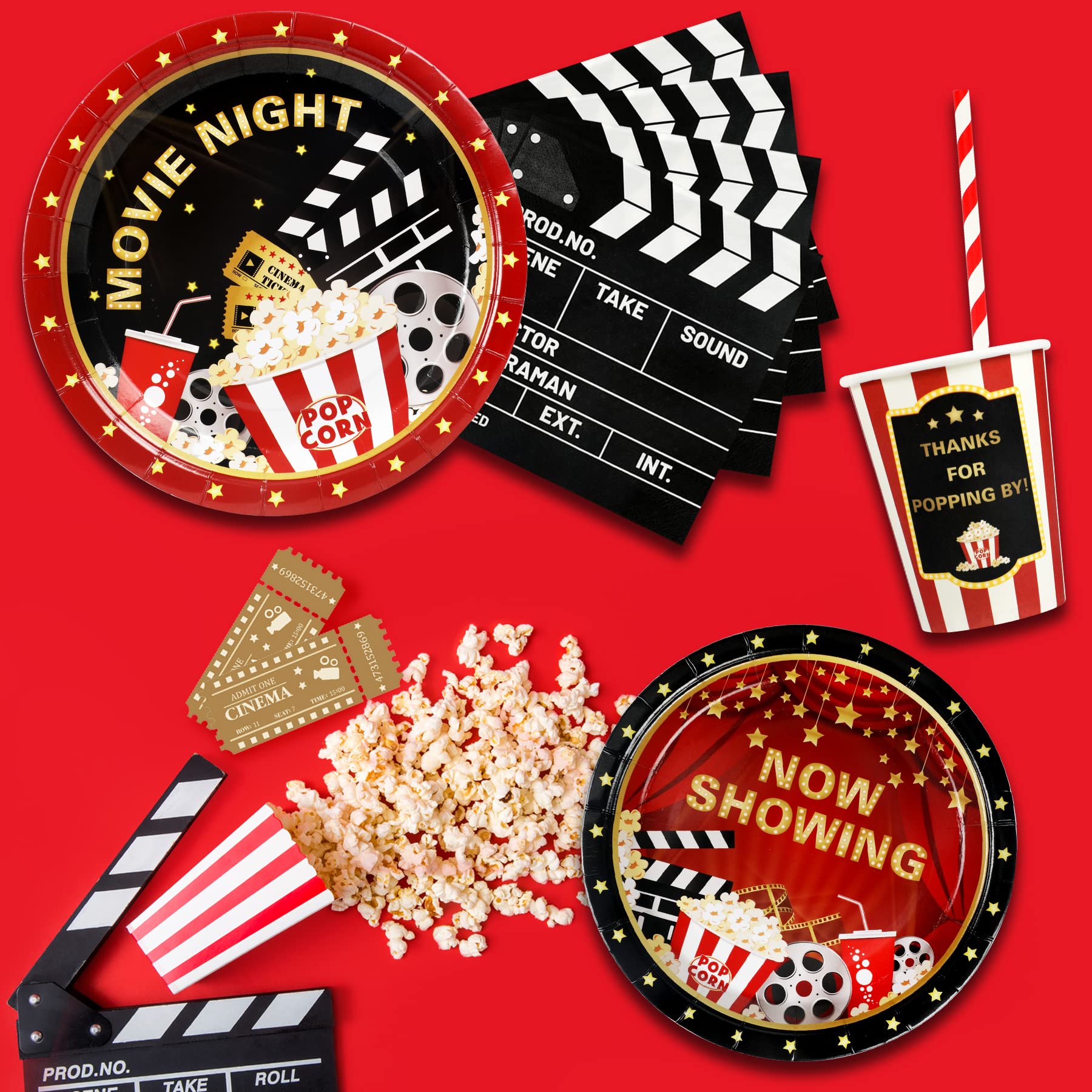 Recheel Movie Night Party Supplies Decorations, Movie Theme Birthday Paper Plates and Napkins Set with Cups and Straws for 24 Guests, 120 Pcs Disposable Party Snack Dinnerwares