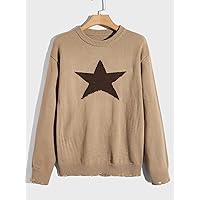 Sweaters for Men- Guys Star Pattern Distressed Sweater (Color : Khaki, Size : Small)