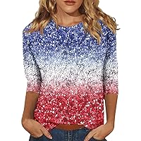 4th of July Tops for Women 3/4 Length Sleeve American Flag Print Shirts Classic Round Neck Patriotic Blouses