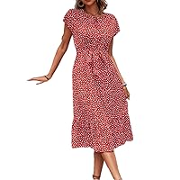 Summer Dresses for Women 2022 Heart Print Batwing Sleeve Ruffle Hem Belted Dress Dresses for Women (Color : Red and White, Size : Medium)