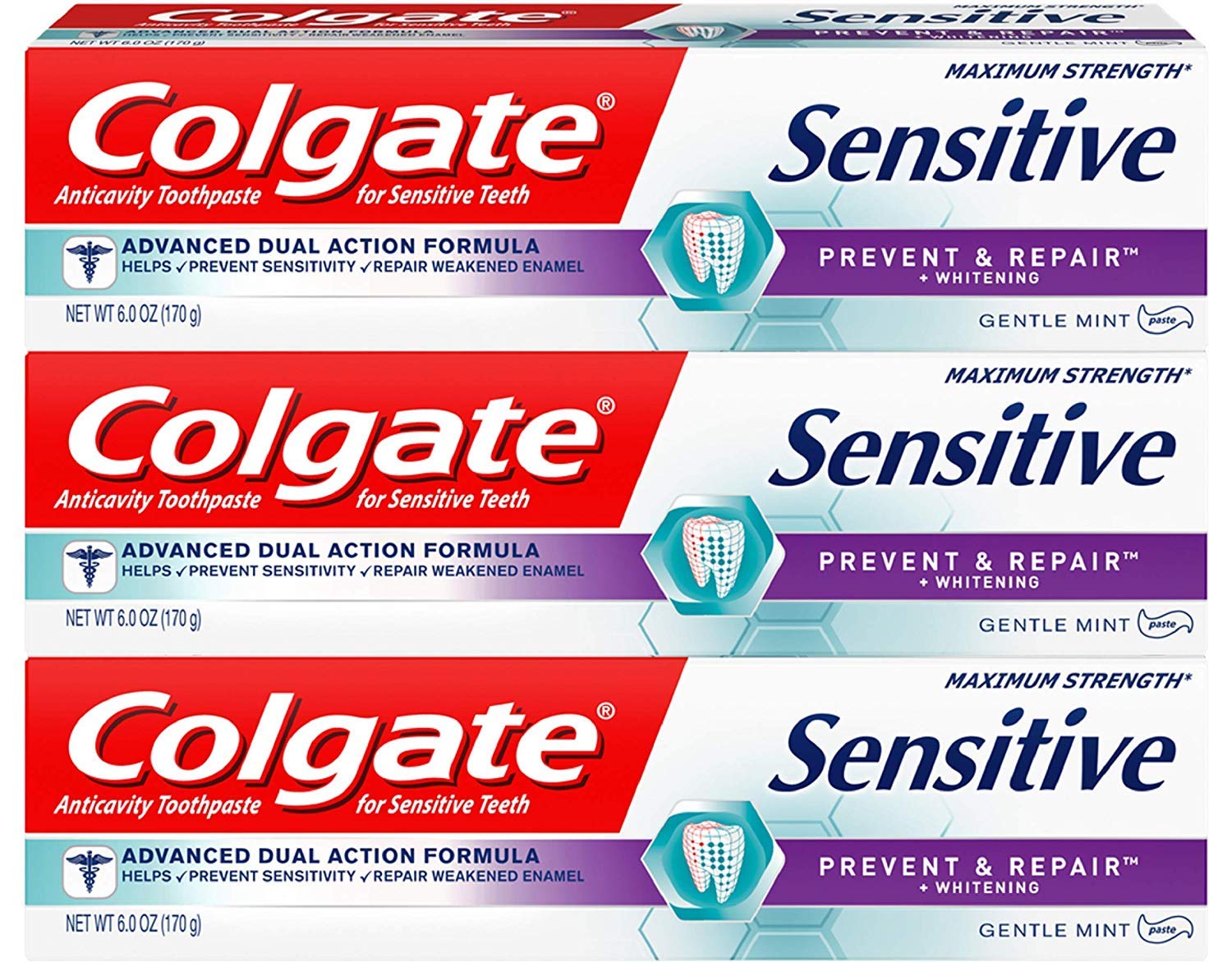 Colgate Sensitive Toothpaste with Whitening, Prevent and Repair, 6 Ounce, 3 Pack