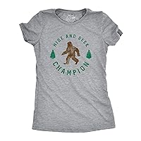 Womens Hide and Seek Champion T Shirt Funny Bigfoot Sasquatch Vintage Graphic