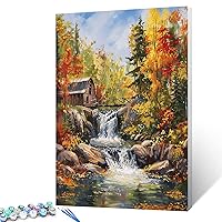 Abandoned Wooden House Paint by Numbers Kits with Brushes and Acrylic Pigment on Canvas Painting for Adults, Autumn Forest Waterfall Arts Crafts Project Home Decor Gifts 16