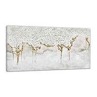 TRAIN2 ART Textured Abstract Glitter Artwork Canvas Wall Art, White Acrylic Painting and Gold Foil Oil Painting Wall Art on Canvas, for Living Room Decor Gold and Gray (gold, 24X48inch)
