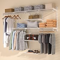 Homde Closet Organizer System Wall Mounted, 4-8 Ft Adjustable and Expandable Walk in Closet System, Metal Wire Shelving Closet Kit, Custom DIY Wardrobe Closet Storage with Shelf, Clothes Hanging Rods