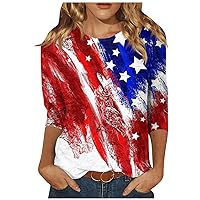 American Flag Shirt Women 4th of July Tops 3/4 Length Sleeve 2024 Casual Crewneck Blouse Printed Loose Pullover