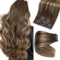 Full Shine Brown Human Hair Clip in Extensions Brown With Honey Blonde Ombre Seamless Clip in Hair Extensions Roots Brown Human Hair Clip ins for Women Straight Hair 20 Inch 120 Grams 8Pcs