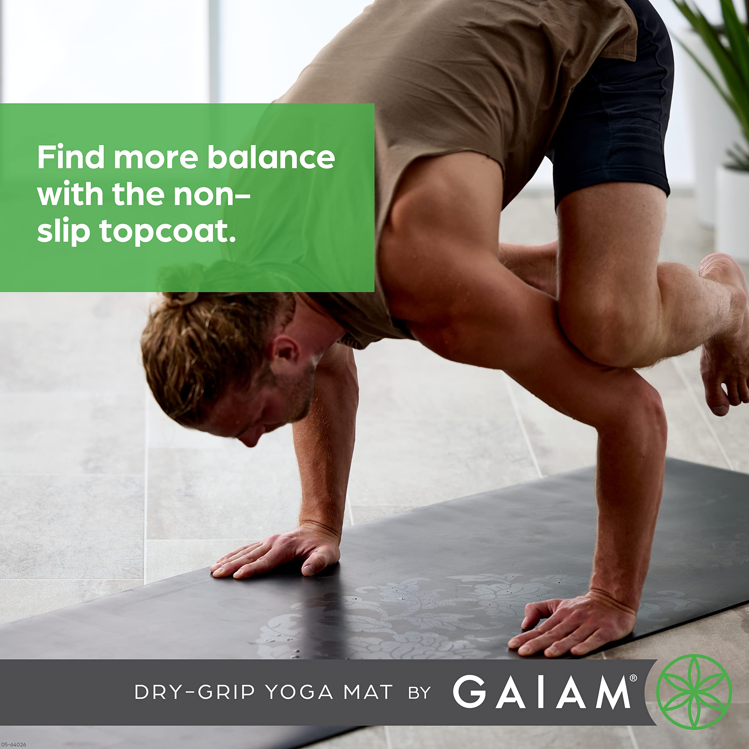 Gaiam Dry-Grip Yoga Mat - 5mm Thick Non-Slip Exercise & Fitness Mat for Standard or Hot Yoga, Pilates and Floor Workouts - Cushioned Support, Non-Slip Coat - 68 x 24 Inches