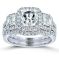 Kobelli Princess Moissanite Halo 3-Stone Bridal Rings Set 3 1/10 CTW 14k White Gold