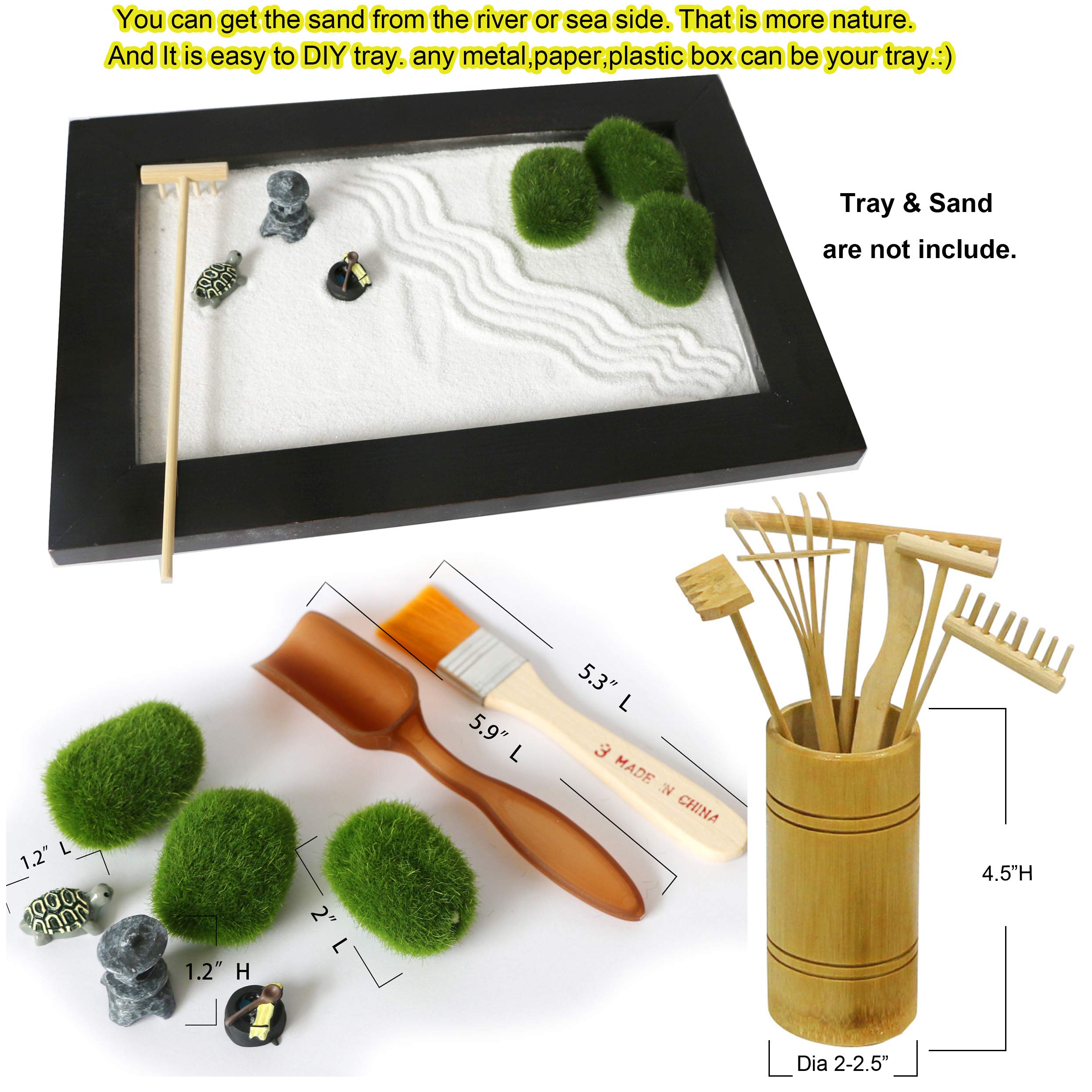Mini Zen Garden Rake Tool - Tabletop Meditation Rock Sand Garden Kits with Moss Rakes Brusher Spoon Figurines Holder