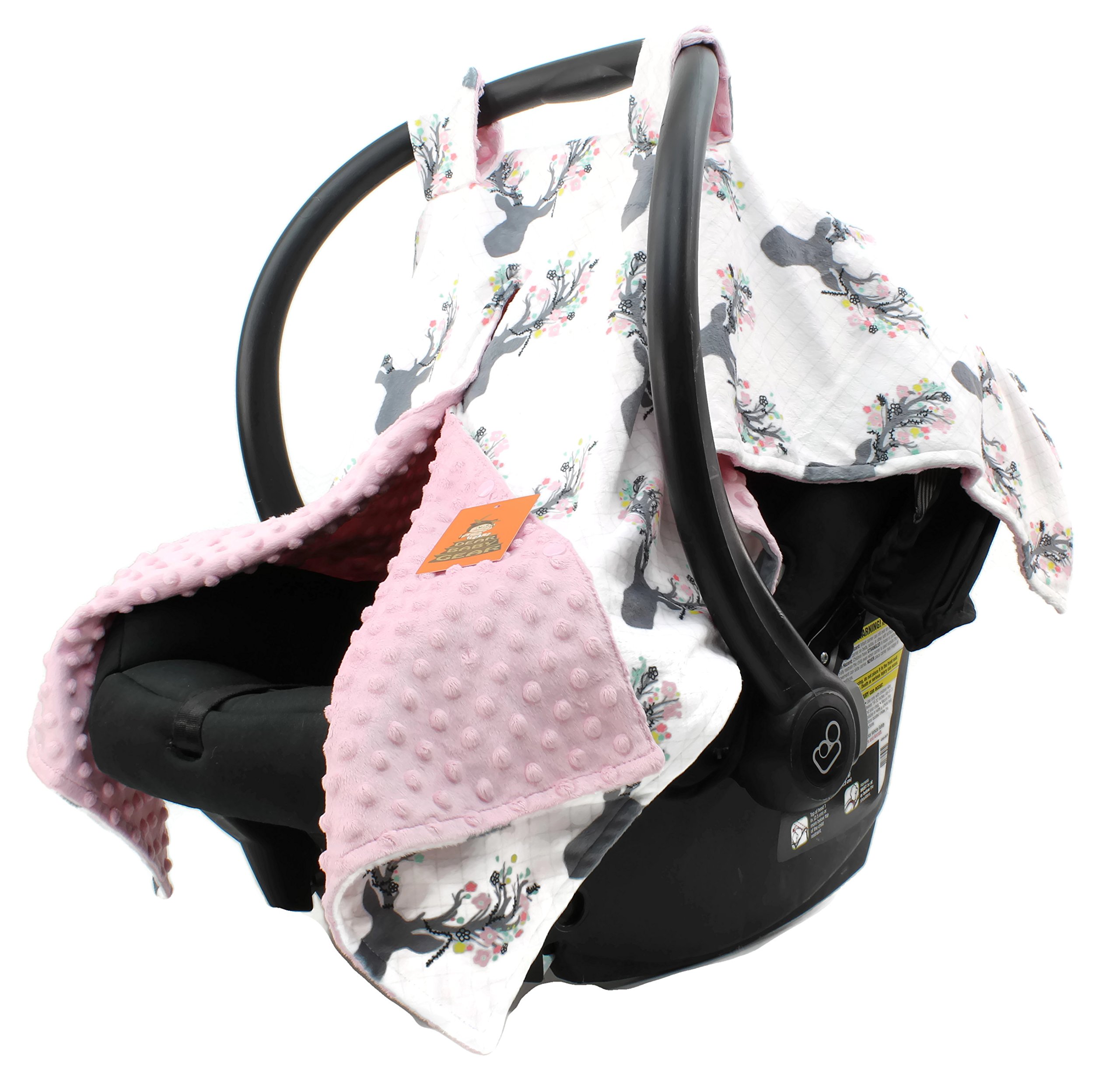 Dear Baby Gear Antlers and Flowers Bundle: Baby Car Seat Canopy and Baby Blanket - Pink Minky and Floral Design for Baby Girls - Snap Opening, Lightweight Carseat Cover, Warm Crib Quilt, and Infant Bl