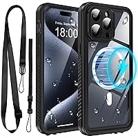 LYWHL for iPhone 15 Pro Max Case Waterproof with MagSafe, Built in Screen Protector [IP68] Dustproof Shockproof Full Body Protective Case with Neck Crossbody Strap & Wrist Lanyard Black/Clear