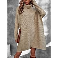 Sweater Dress for Women - Turtleneck Batwing Sleeve Sweater Dress (Color : Apricot, Size : Small)