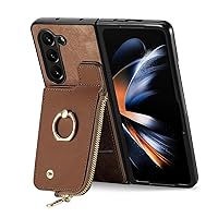 ZIFENGXUAN- Leather Case for Samsung Galaxy Z Fold 5, Metal Ring Kickstand Case Back with Card Slot Cover for Men and Women (Fold 5,Brown)