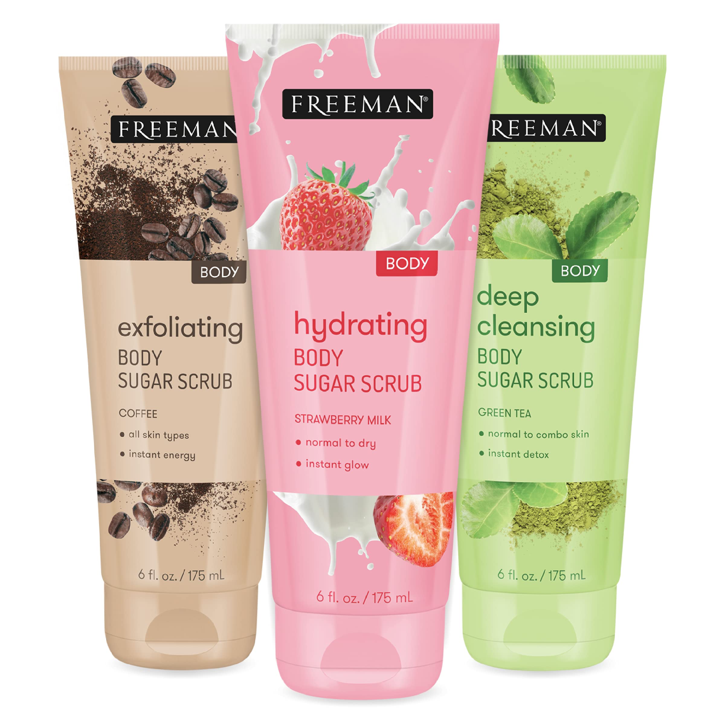 Freeman Sugar Body Scrub Set, Strawberry Milk, Green Tea, and Coffee Body Scrubs, Hydrating, Exfoliating, & Deep-Cleansing Skincare, Removes, Dirt, Oil, & Impurities, Self-Tan Prep, 3 Count