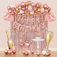 Amandir Rose Gold Birthday Party Decorations for Women Girls, Rose Gold Pink Confetti Foil Balloons, Butterfly, Fringe Curtain, Happy Birthday Banner, Cake Topper for30th 40th 50th 60th Supplies Decor