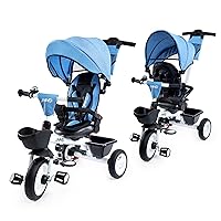 Baby Trike, 6-in-1 Kids Tricycle with Adjustable Push Handle, Removable Canopy, Safety Harness for 18 Months - 5 Year Old, Blue