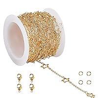 CHGCRAFT 16.4Feet Brass Stars Link Chains Real 18K Gold Plated Soldered Cable Chains with Spool Lobster Claw Clasps and Open Jump Rings for Bracelet Necklace Jewelry Making