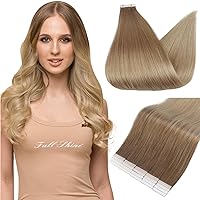 Fshine Tape in Hair Extensions Human Hair 18 Inch Balayage Tape in Hair Extensions Color 10 Brown Fading to 14 Golden Blonde Hair Extensions Tape in 20 Pcs Remy Hair Extensions 50g