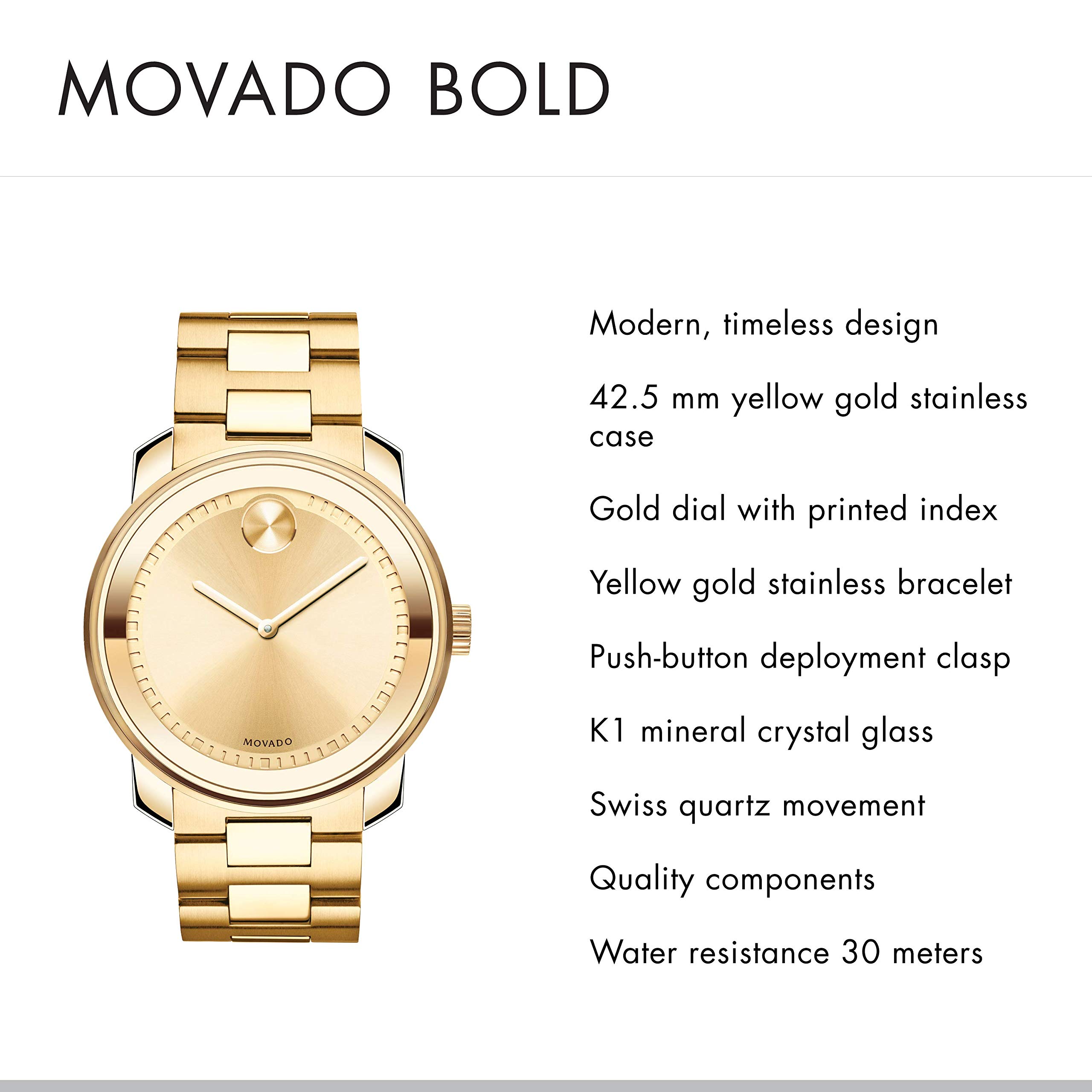 Movado Men's BOLD Metals Yellow Gold Watch with a Printed Index Dial, Gold (Model 3600258)