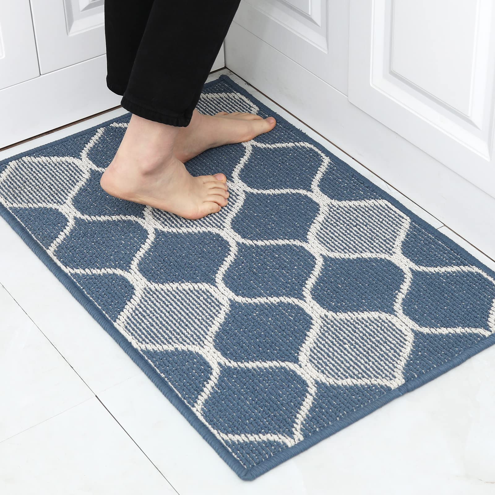 Kitchen Rugs and Mats, Non Skid Machine Washable Soft Kitchen Mats for Floor Kitchen Runner Rug Absorbent Resist Dirt Comfort Standing Mat Made of 100% Polypropylene TPR Backing (Blue, 17.7