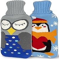 Hot Water Bottle with Knitted Cover Large Cute Rubber Hot Water Bag (Pack of 2) for Pain Relief, Cramps, Warm, Hot and Cold Therapy, Blue Penguin and Gray Navy Owl, 2 Liter