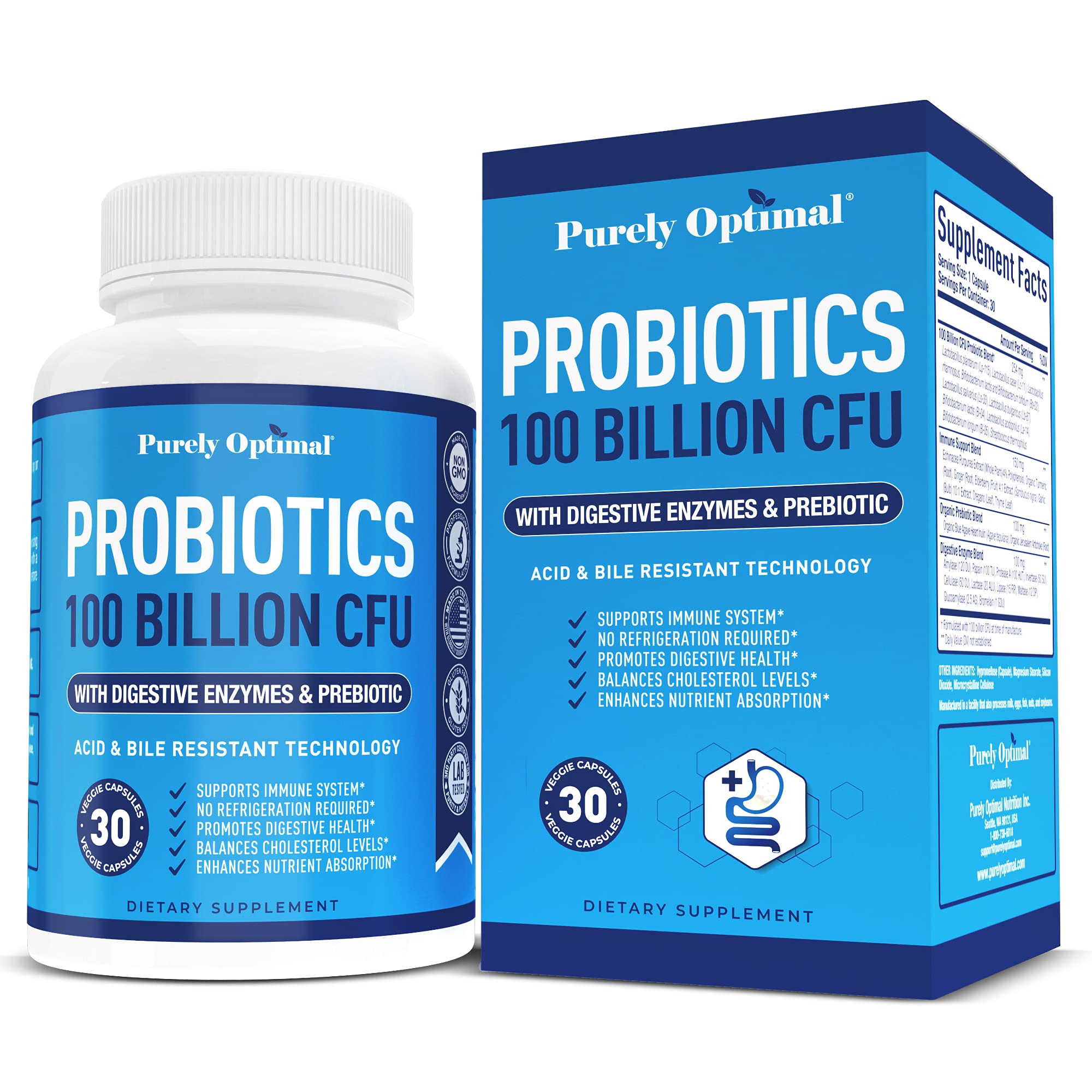 Purely Optimal Premium Probiotics 100 Billion CFU w/Digestive Enzymes - Organic Prebiotics & Immune Support, Dr. Formulated Probiotics for Men & Women for Gut Health - 30 Capsules