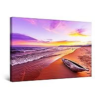 Startonight Canvas Wall Art Decor Purple Beach Morning Sunrise and Boat M_ _d Blow_ _g Photo Painting for Living Room 32