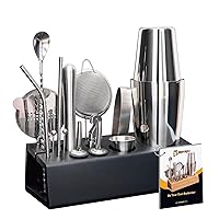Cocktail Shaker Set, 15-Piece Boston Shaker Bartender Kit, Stainless Steel Bar Set Accessories, Professional Bartending Kit Home Bar Tools Set with Recipes Booklet | Black Stand