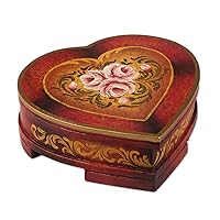 NOVICA Heart Shaped Red And Gold Wood Jewelry Box With Painted Roses, Timeless Love'