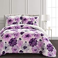 Leah Reversible Floral Quilt Set, 3 Piece Set, Full/ Queen, Gray & Purple - Charming Floral Bedding Set - Large Blooming Watercolor Flowers
