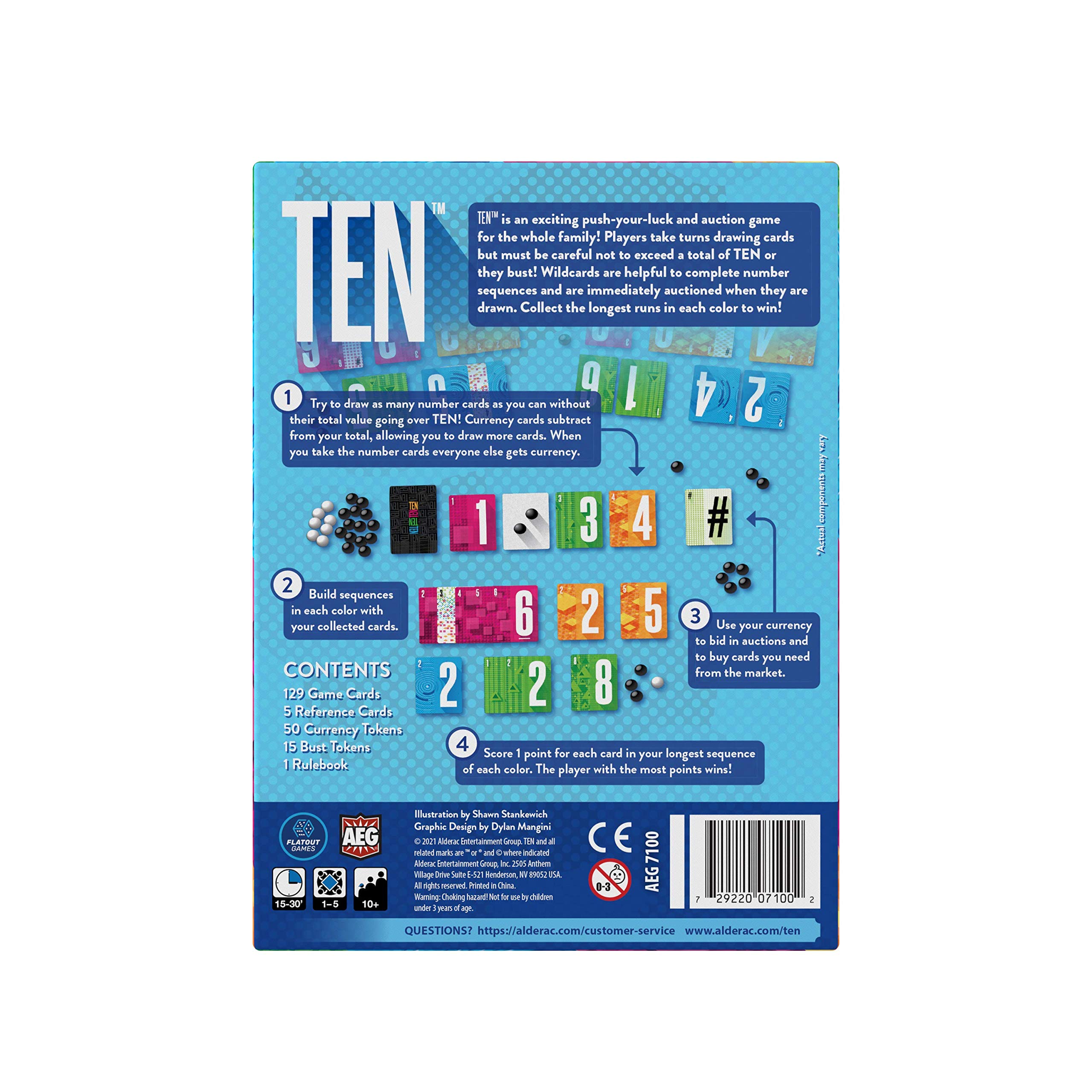 Alderac Entertainment Group (AEG) Ten, Fast and Fun Card Game, Push Your Luck, Family, Casual, Ages 10+, 1-5 Players, 15-30 Min, FlatOut Games, Alderac Entertainment Group (AEG)