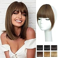 NAYOO Clip In Bangs - Light Brown Fake Bangs 100% Real Human Hair Extensions French Bangs for Women Fringe with Temples Hairpieces Curved Bangs for Daily Wear