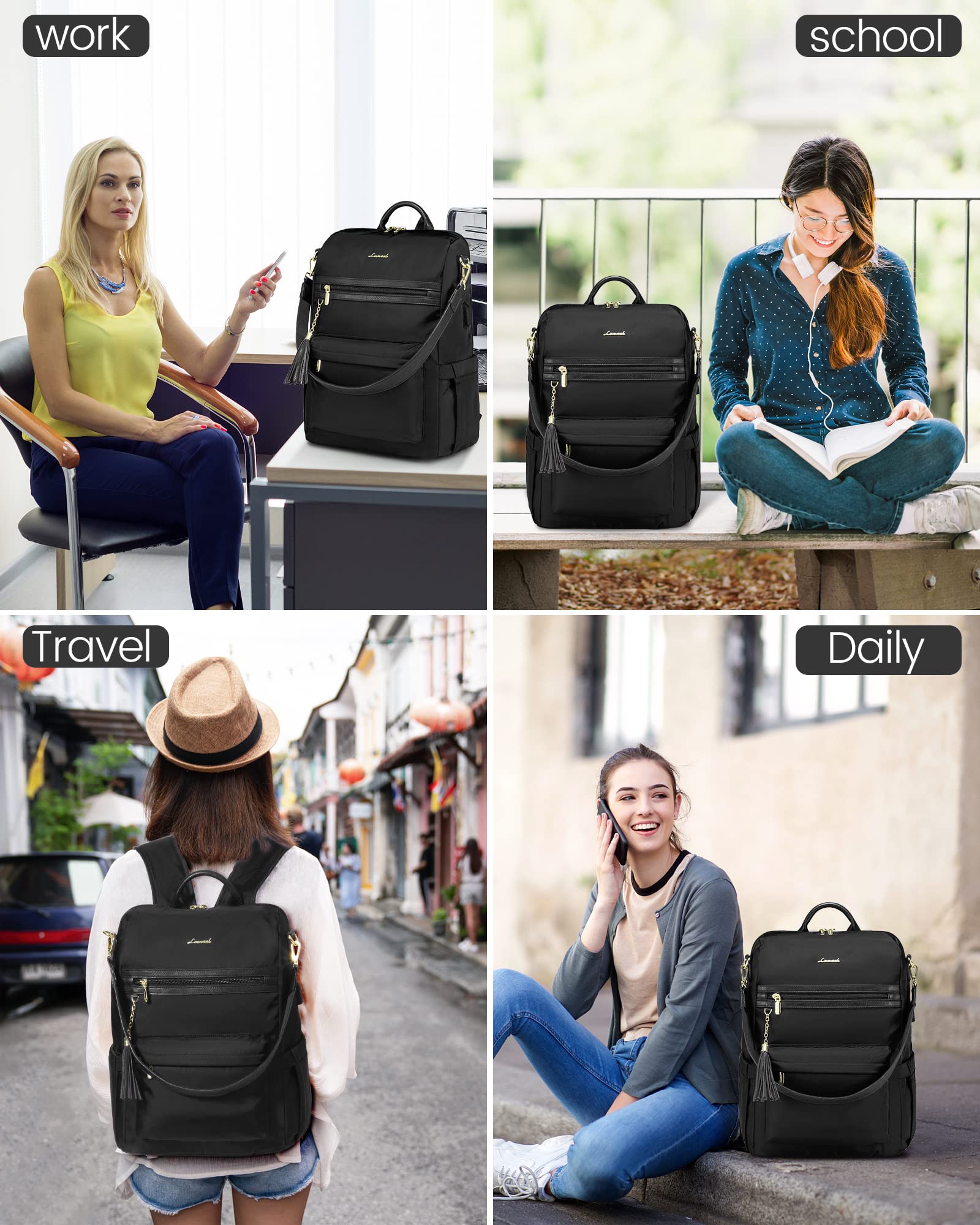 LOVEVOOK Laptop Backpack Women,15.6 Inch Convertible Backpack Purse for Women with USB Port,Fashion Teacher Nurse Bag Work Backpack with Cute Wristlet Bag for Travel College Commute,Black
