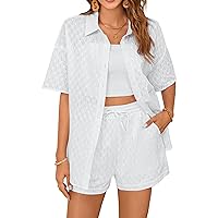 Blooming Jelly Womens 2 Piece Linen Sets Botton Down Shirt Drawstring Shorts Summer Beach Vacation Outfits Lounge Set