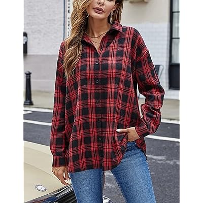 HangNiFang Womens Flannel Plaid Shirts Oversized Button Down Shirts Blouse  Tops