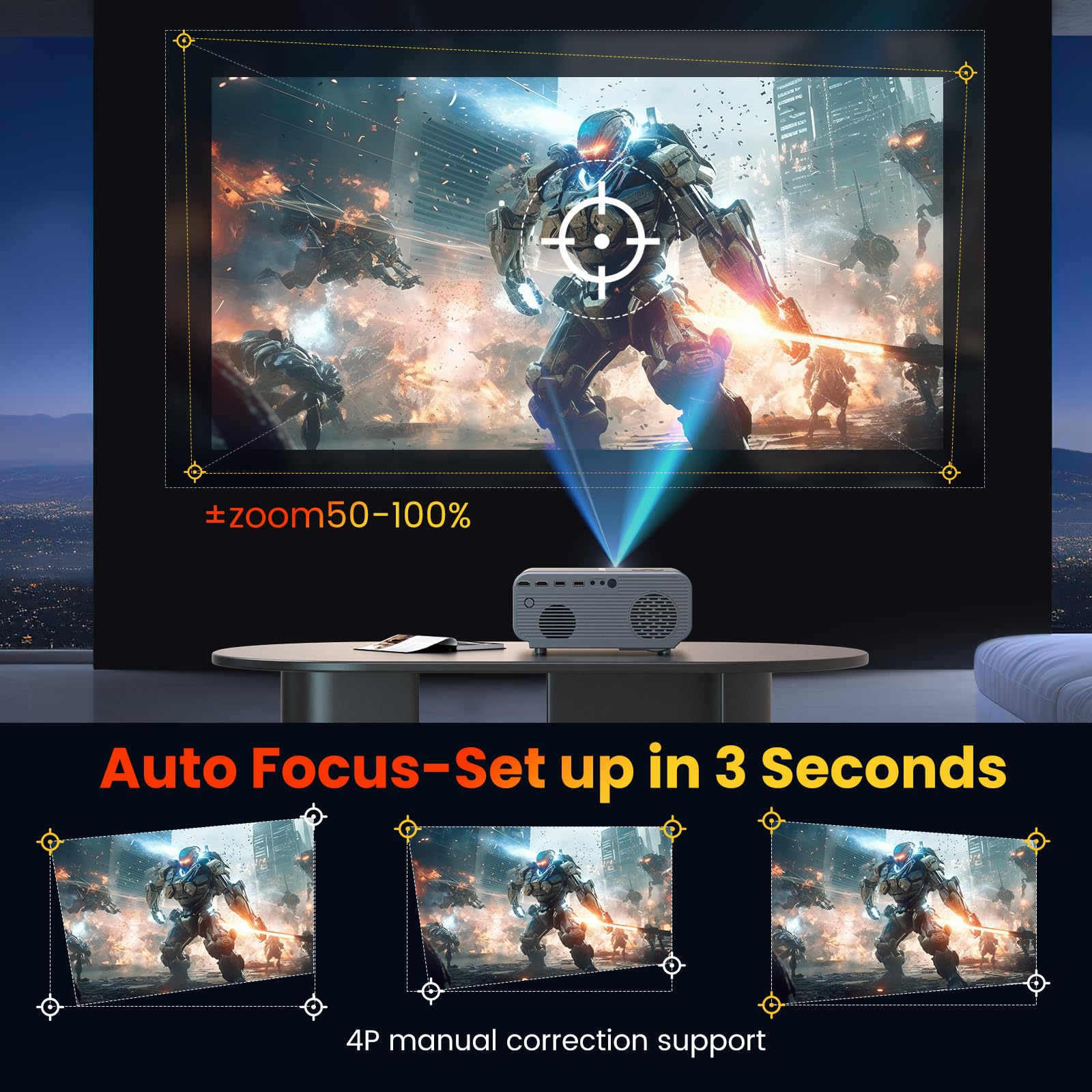 [Auto Focus] HAPPRUN Projector, Projector with WiFi and Bluetooth, 15000lux 500ANSI Outdoor Projector 4K, 6D Keystone & 50% Zoom, Native 1080P Projector Compatible with HDMI/USB/AV/Phone/TV Stick/PS5