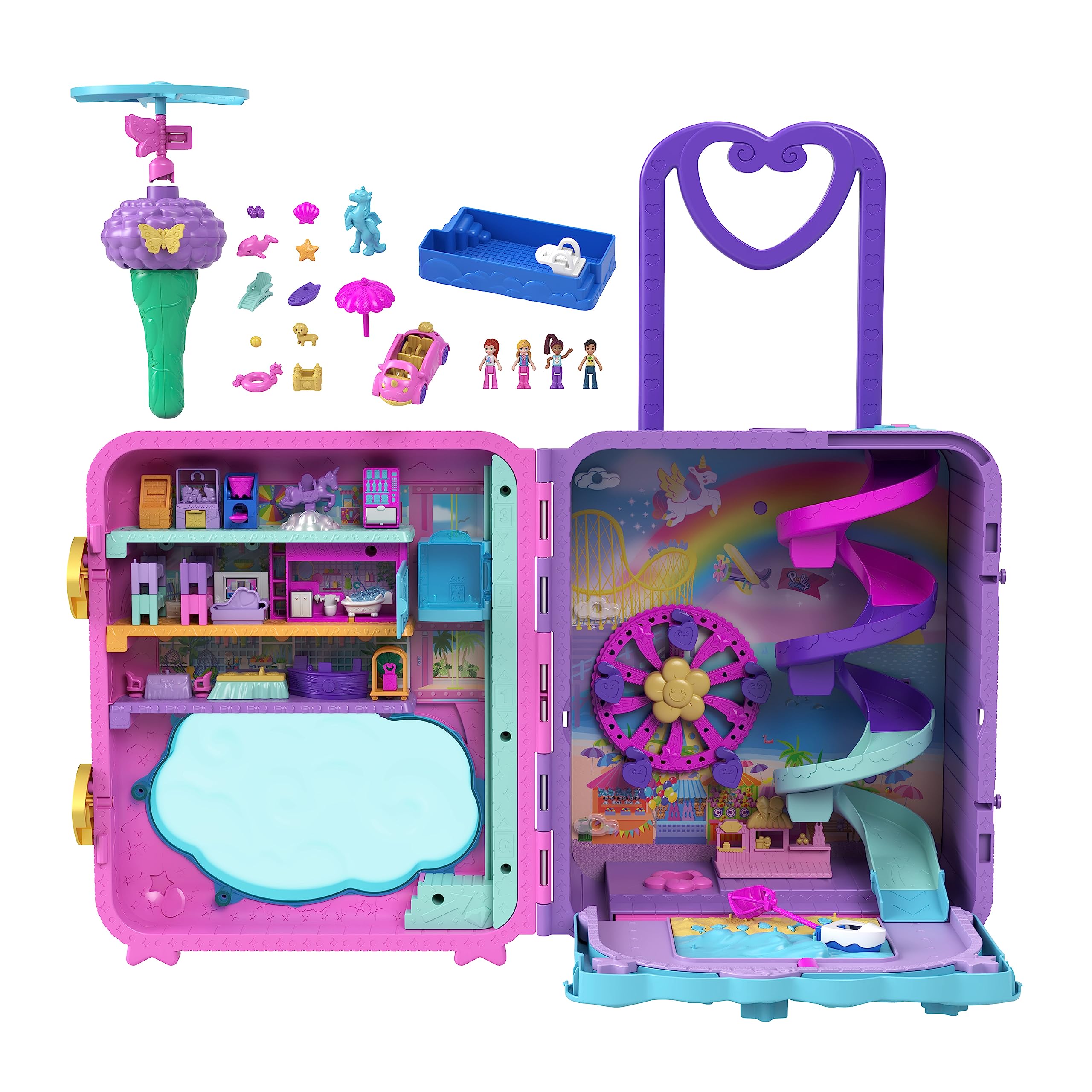 Polly Pocket Dolls, Playset and Travel Toys, 4 Dolls, 1 Vehicle, 25+ Accessories, Resort Roll Away