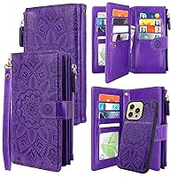 Harryshell Compatible with iPhone 13 Pro 6.1 inch 5G 2021 Wallet Case Detachable Magnetic Cover Zipper Cash Pocket Multi Card Slots Holder Wrist Strap Lanyard Floral Flower (Purple)