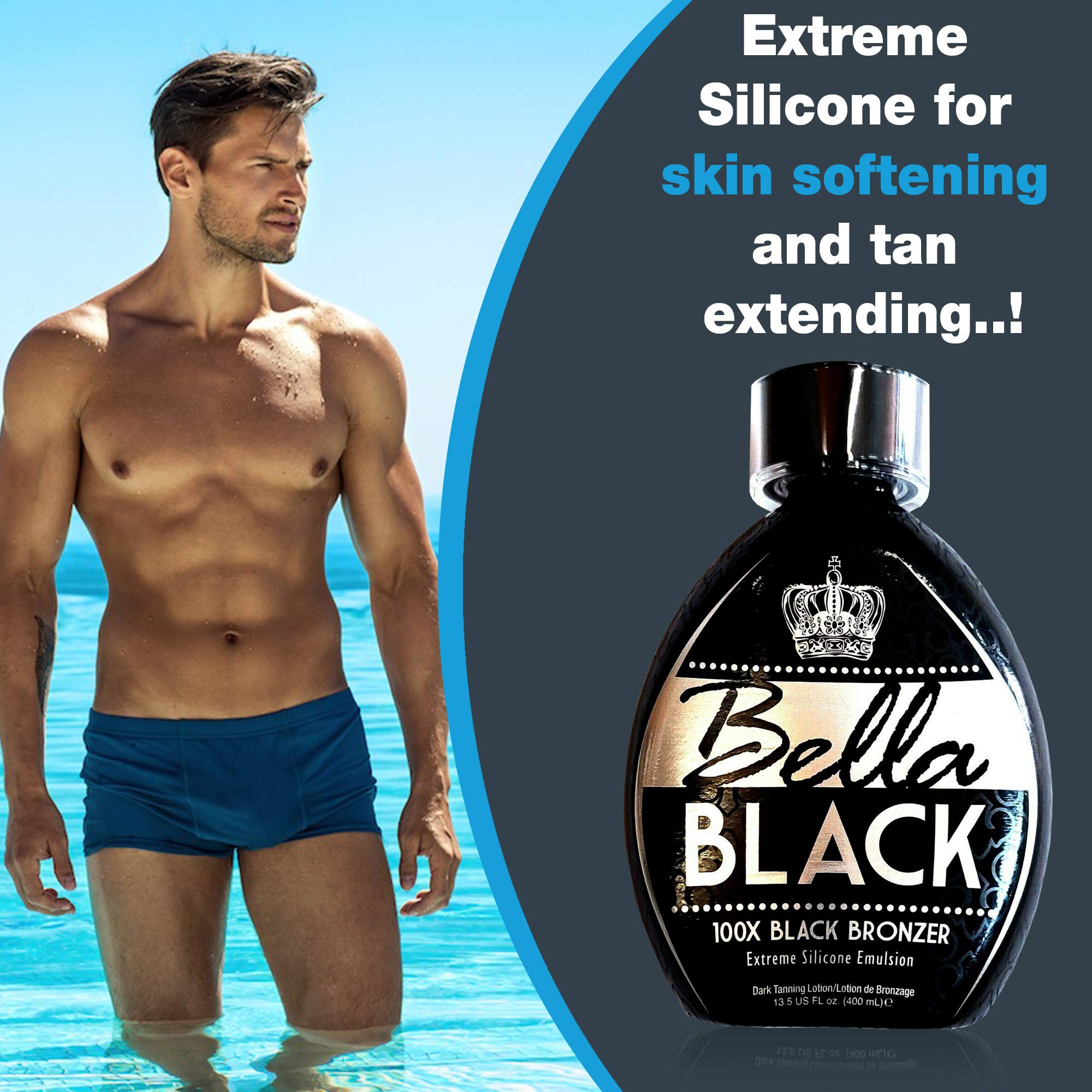 Bella Black 100X Bronzer Tanning Lotion – Premium Tanning Bed Lotion with Extreme Silicone Emulsion and Banana Fruit Extract – Instant Results – Dark Tanning Lotion for Indoor Tanning Beds - 13.5oz