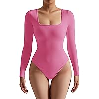 Women Ribbed Seamless Long Sleeve Bodysuit Square Scoop Notch Neck Bodysuit