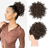 HOOJIH 1PCS Messy Hair Bun Hair Piece Elastic Drawstring Large Curly Wave 60 Gram Short Synthetic Ponytail Extension for Women Daily Use - Dark Chocolate Brown.