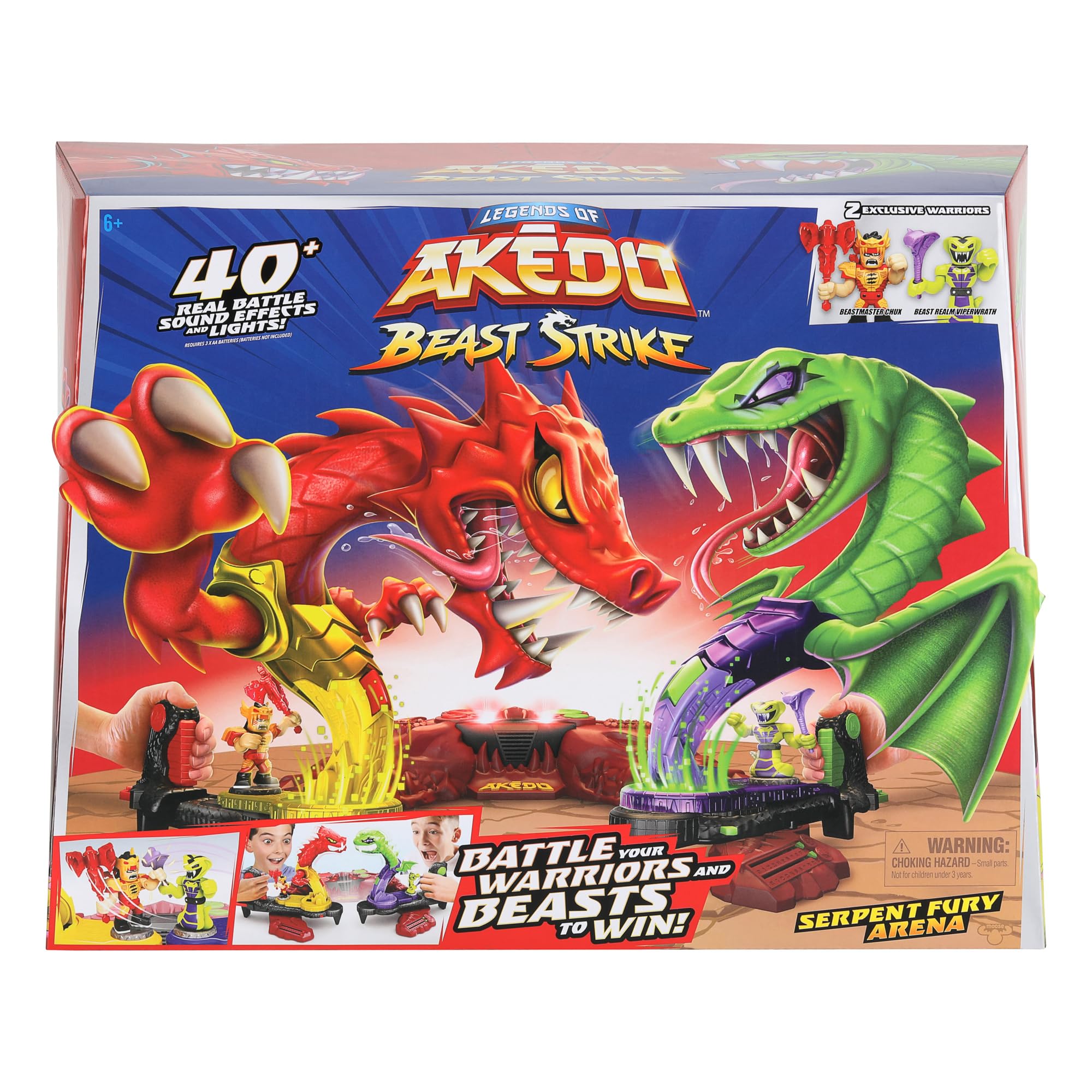 Legends of Akedo Beast Strike Serpent Fury Arena. Battle Your Warriors and Battle Your Beasts to Win! with 40+ Real Sound Effects and Lights and 2 Exclusive Warriors.