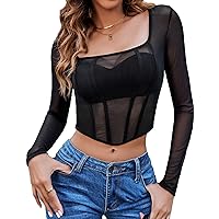 Avidlove Womens Mesh Top Long Sleeve Y2K Mesh Crop Tops Sexy Square Neck Sheer Tee Shirt See Through Blouse Shirt