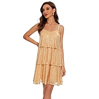 Women's Glitter Sequin Dress Adjustable Spaghetti Strap V Neck Fashion Sparkle Layered Evening Party Dress