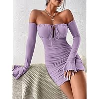 Fall Dresses for Women 2023 Off Shoulder Knot Front Ruched Bodycon Dress Dresses for Women (Color : Lilac Purple, Size : Large)