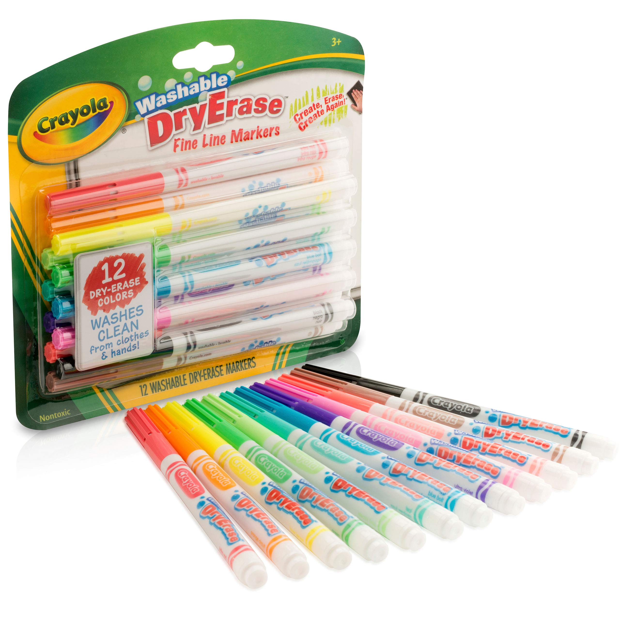 Crayola Washable Dry-Erase Fine Line Markers, 12 Classic Colors NonToxic Art Tools for Kids & Toddlers 3+