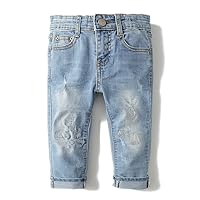 KIDSCOOL SPACE Baby Girl Boy Slim Jeans,D Ring Elastic Band Inside Ripped Denim Pants