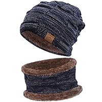 T WILKER 2Pcs Kids Winter Knitted Hats+Scarf Set Warm Fleece Lining Cap for 5-14 Year Old Boys Girls